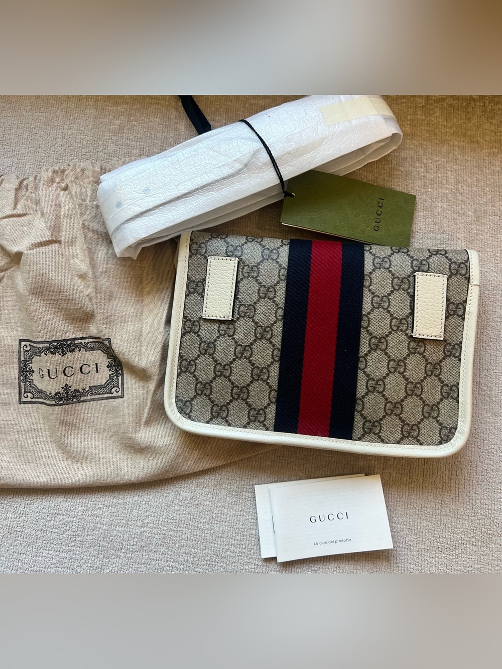 New GG Supreme Monogram Web Small Ophidia Belt Bag 95 38 Beige Ebony White - Picture 4 of 12